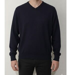 E-Luxe Mens XL Navy Blue Extra Fine Merino Wool V-Neck Sweater Knit Pullover